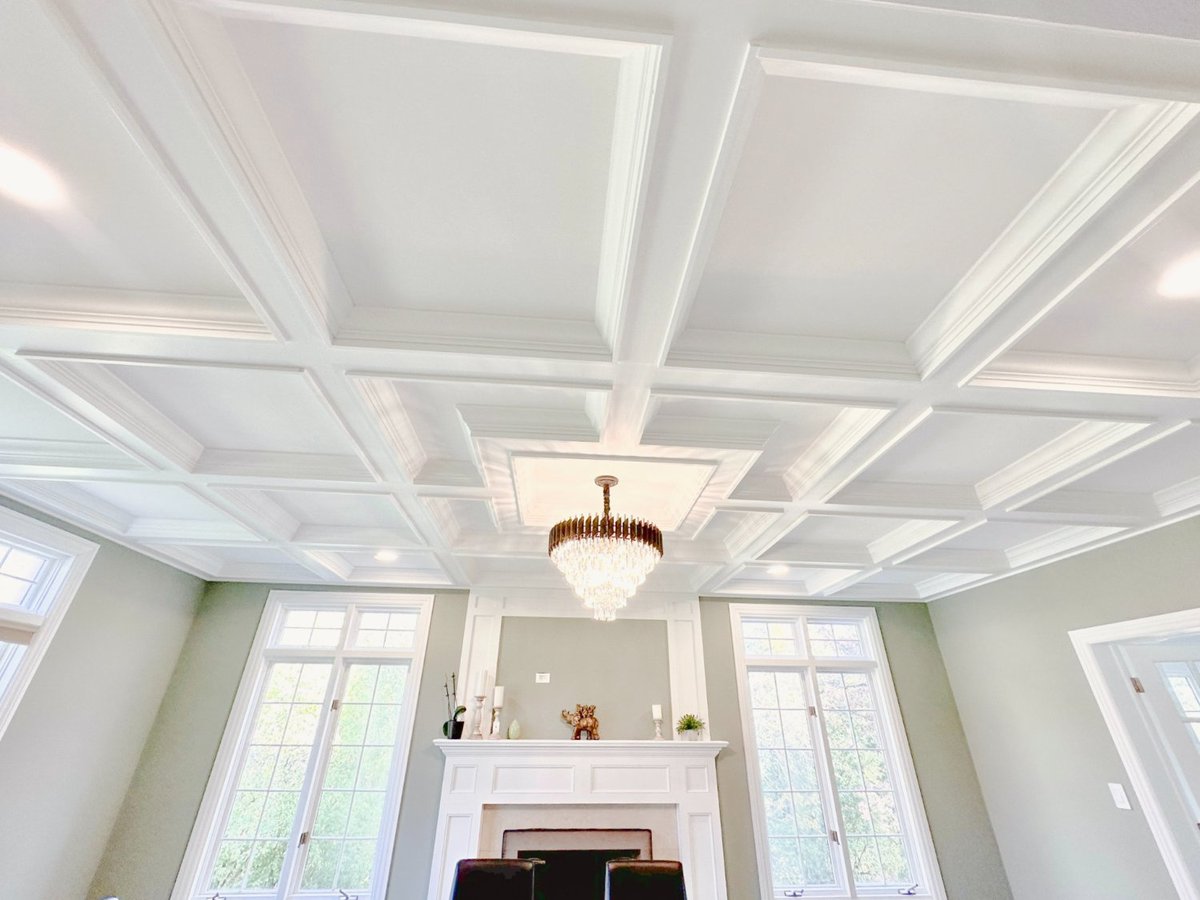 elegant coffered ceiling and chandelier detail in a whole house remodel by Skor Construction in Barrington, IL.-optimized