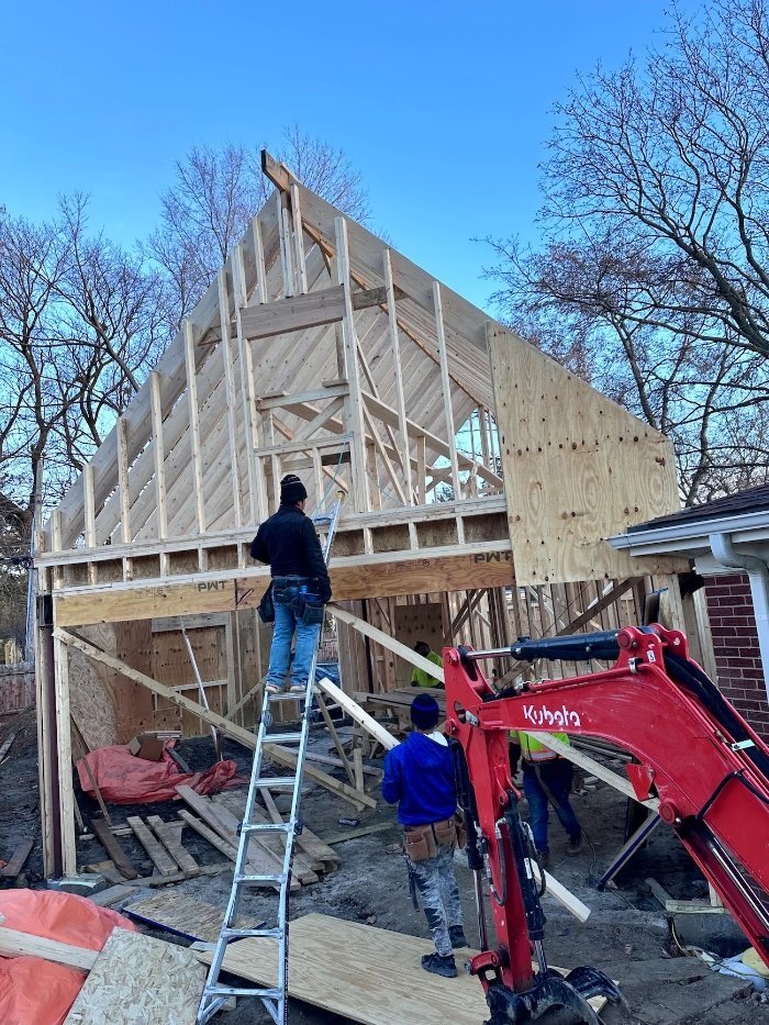 framing construction for a home addition by Skor Construction in Mount Prospect, IL featuring new structural walls and roof trus-optimized