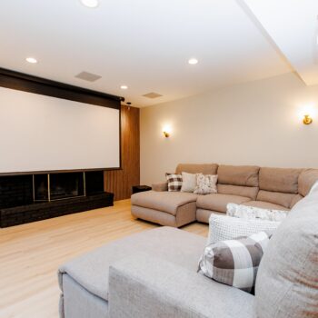 Corner of projector in basement remodel in North Barrington by Skor Construction