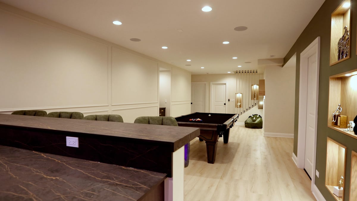 View from basement bar in basement remodel in North Barrington by Skor Construction