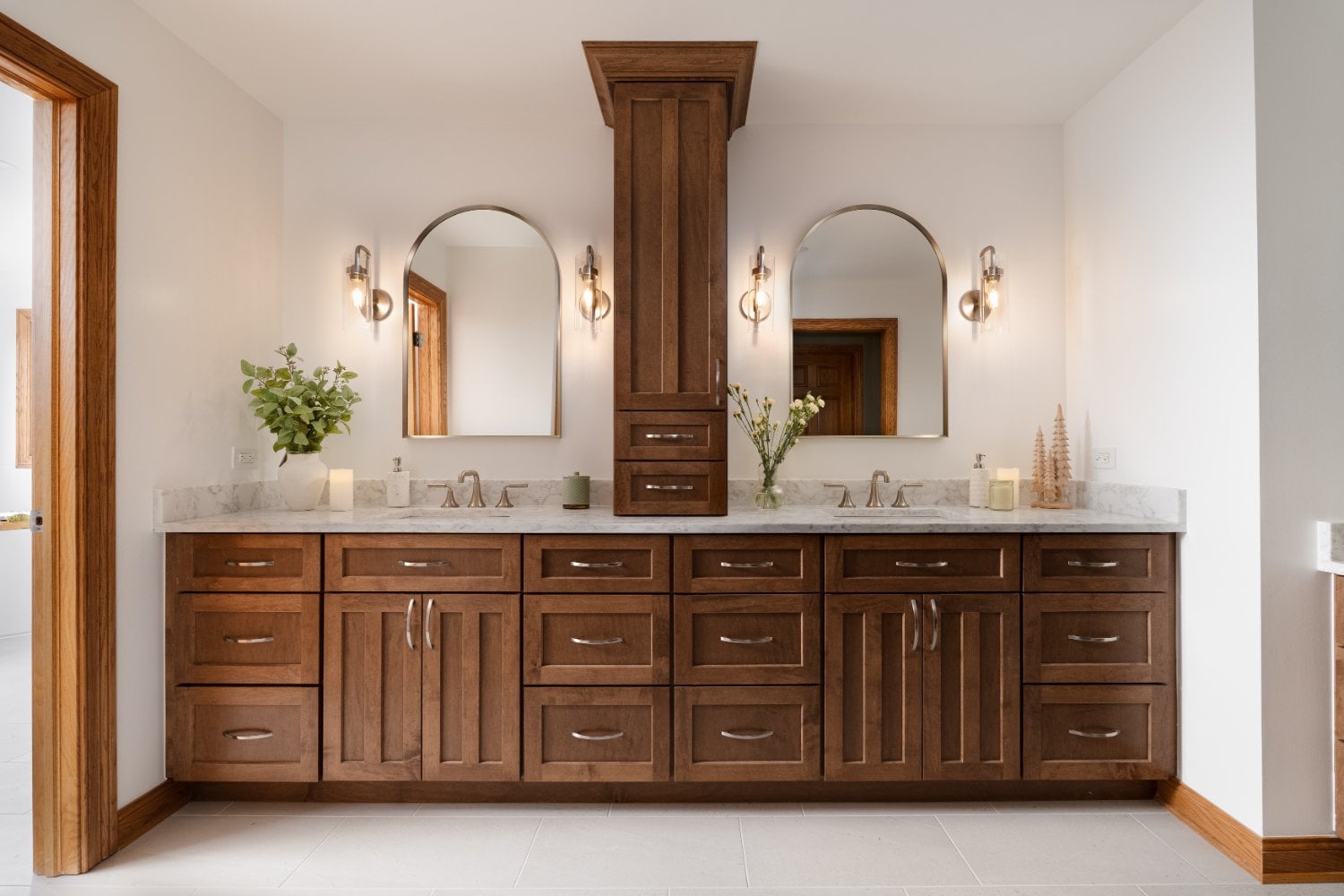 Skor Construction Lauder Primary Bathroom Remodel in Inverness, IL featuring a double walnut vanity with marble countertops and -optimized
