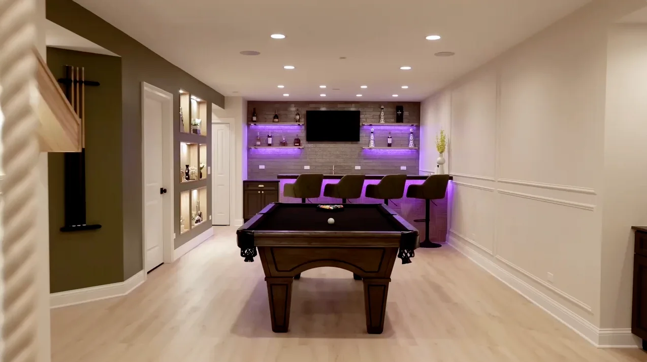 Long view of North Barrington basement remodel by Skor Construction
